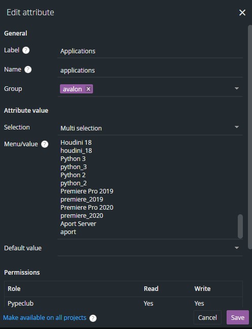 Ftrack - custom attributes - applications